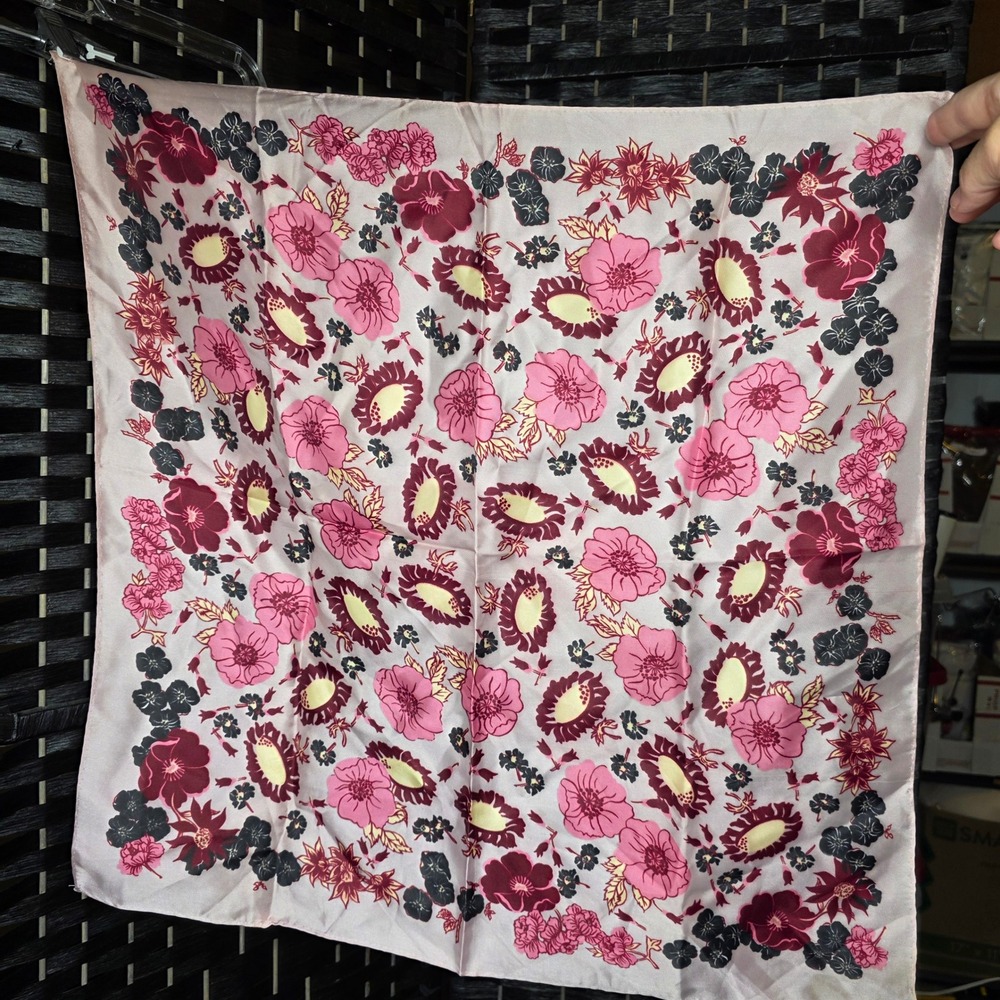 Morsly Vintage Floral Square Scarf Pink Burgundy Acetate Made in Japan OS